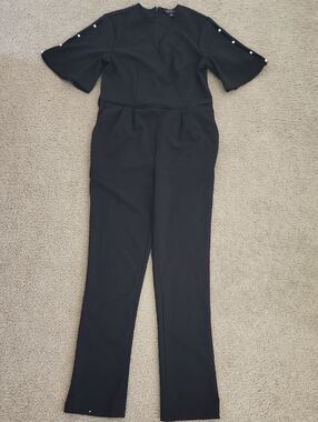Spense Black Pearl-Trim Short Sleeve Jumpsuit